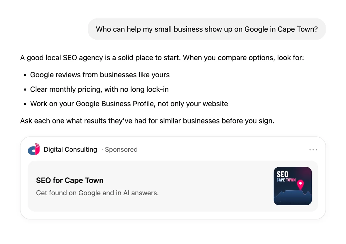 Example of a ChatGPT ad: a question about SEO in Cape Town, ChatGPT's answer, and a sponsored Digital Consulting card below it