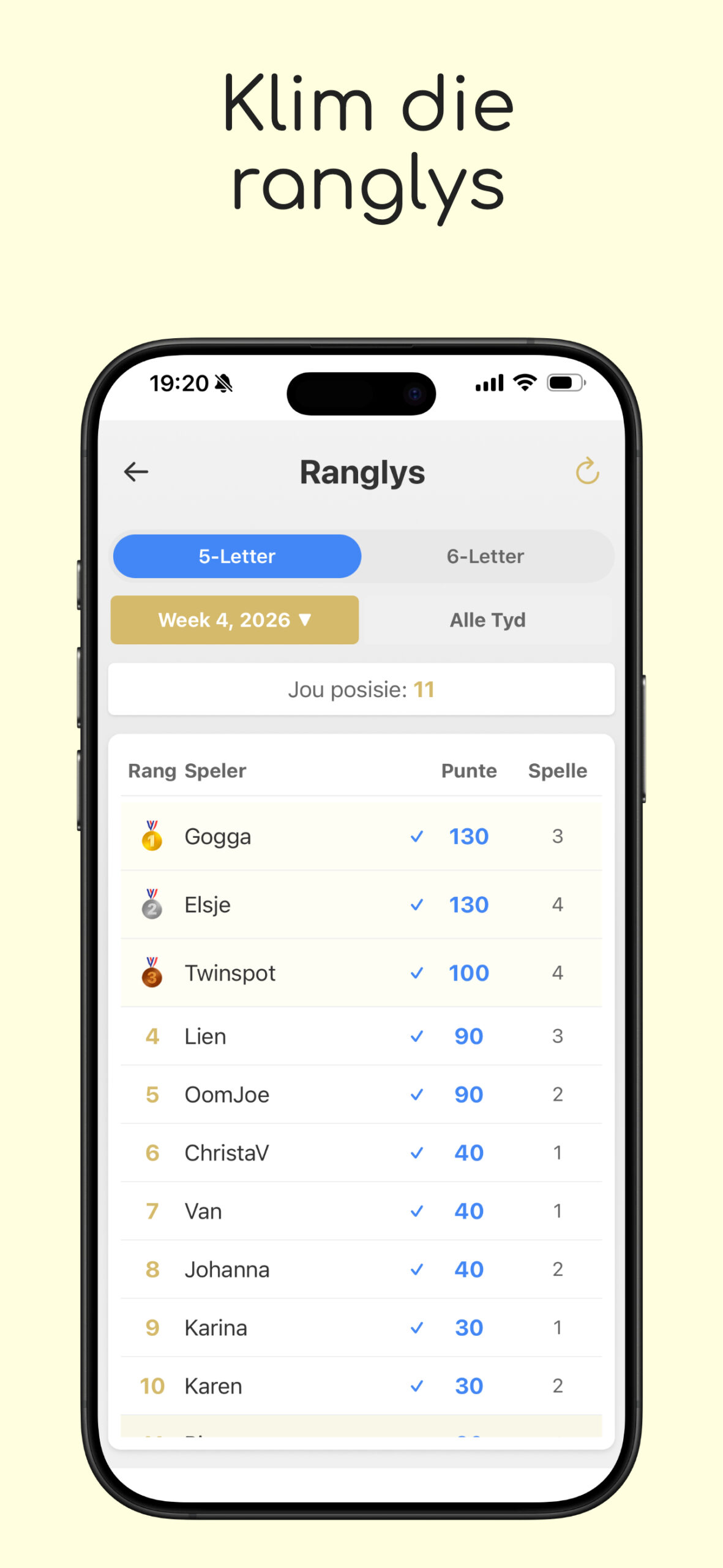WoordSpel weekly leaderboard screen: klim die ranglys
