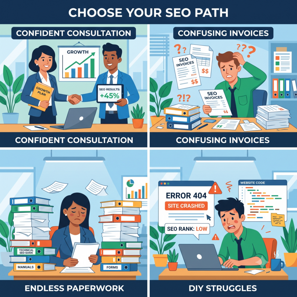 Four-panel graphic contrasting a confident SEO consultation with the confusing invoices, paperwork and DIY struggles of going it alone