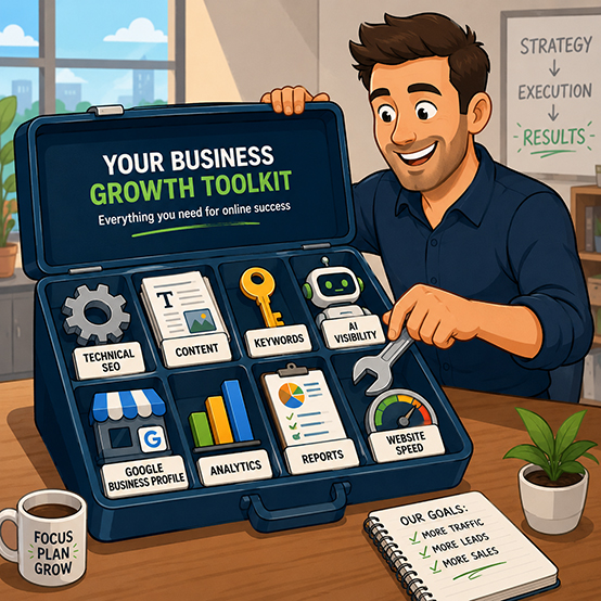 Illustration of a business growth toolkit briefcase holding SEO services: technical SEO, content, keywords, AI visibility, analytics and reporting
